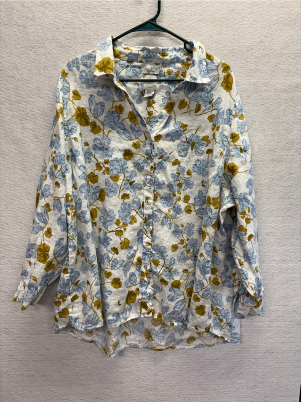 Joie Womens 3X 100% Linen Floral Button Down Shirt Blue Olive Plus Size